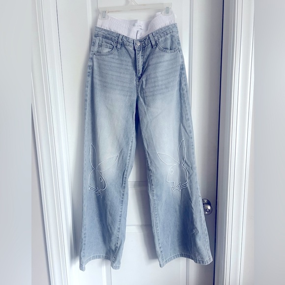 PLAYBOY Denim - Playboy white tuxedo waist embroidered iconic bunny wide leg jeans size 7